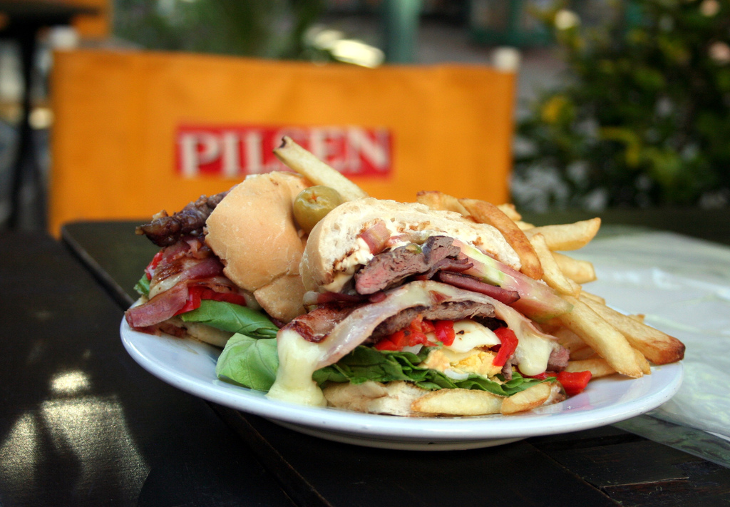 A chivito al plan, the national dish of uruguay. photo wikimedia